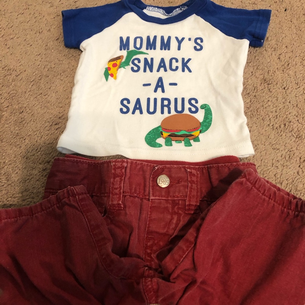 Short sleeve and red jeans outfit. Size 0-3 months